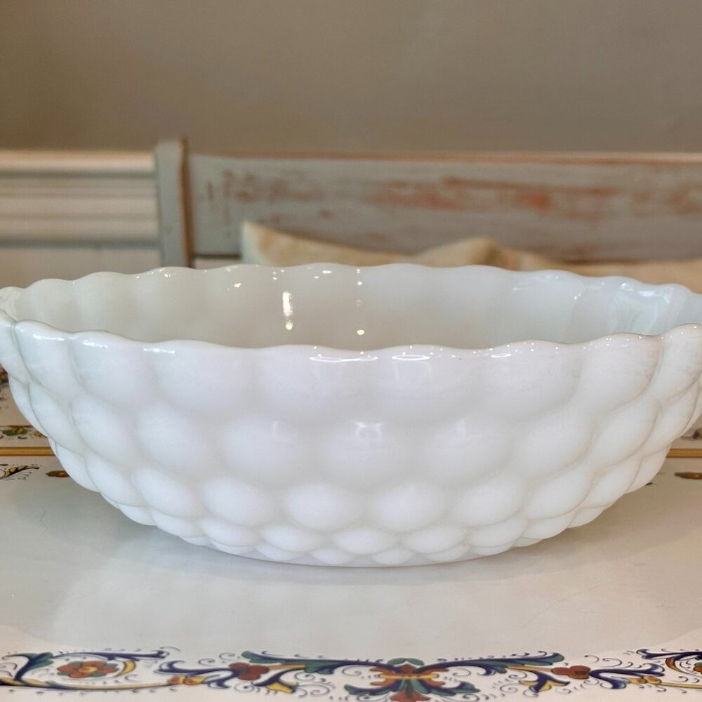 vintage Anchor Hocking Bubble Milk Glass Serving Bowl